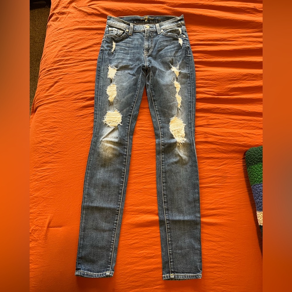 7 For All Mankind Distressed Blue Skinny Jeans
